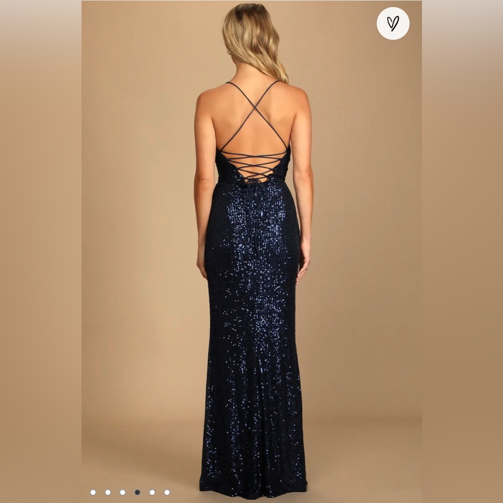 Lulus - Evenings of Elegance Navy Blue Sequin Lace-Up Maxi Dress